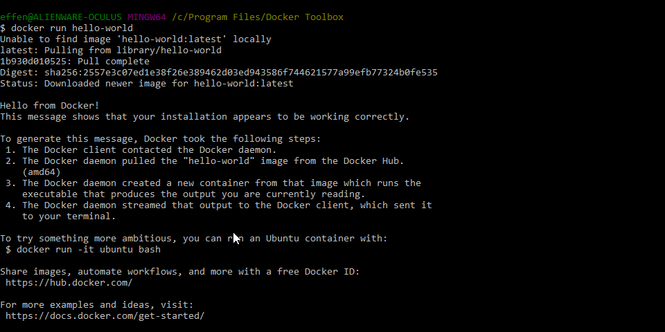Screenshot of Docker Toolbox terminal after running docker run hello world.