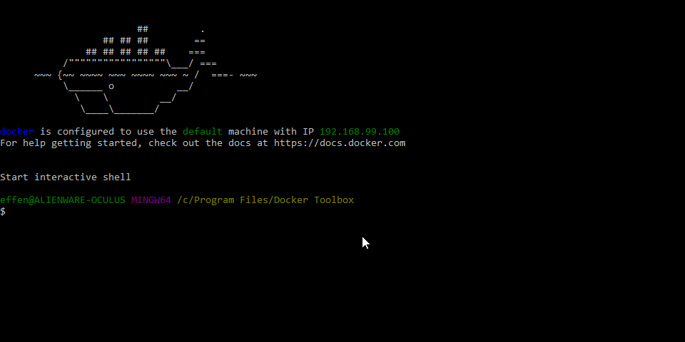 Screenshot of Docker Toolbox terminal after verifying installation.