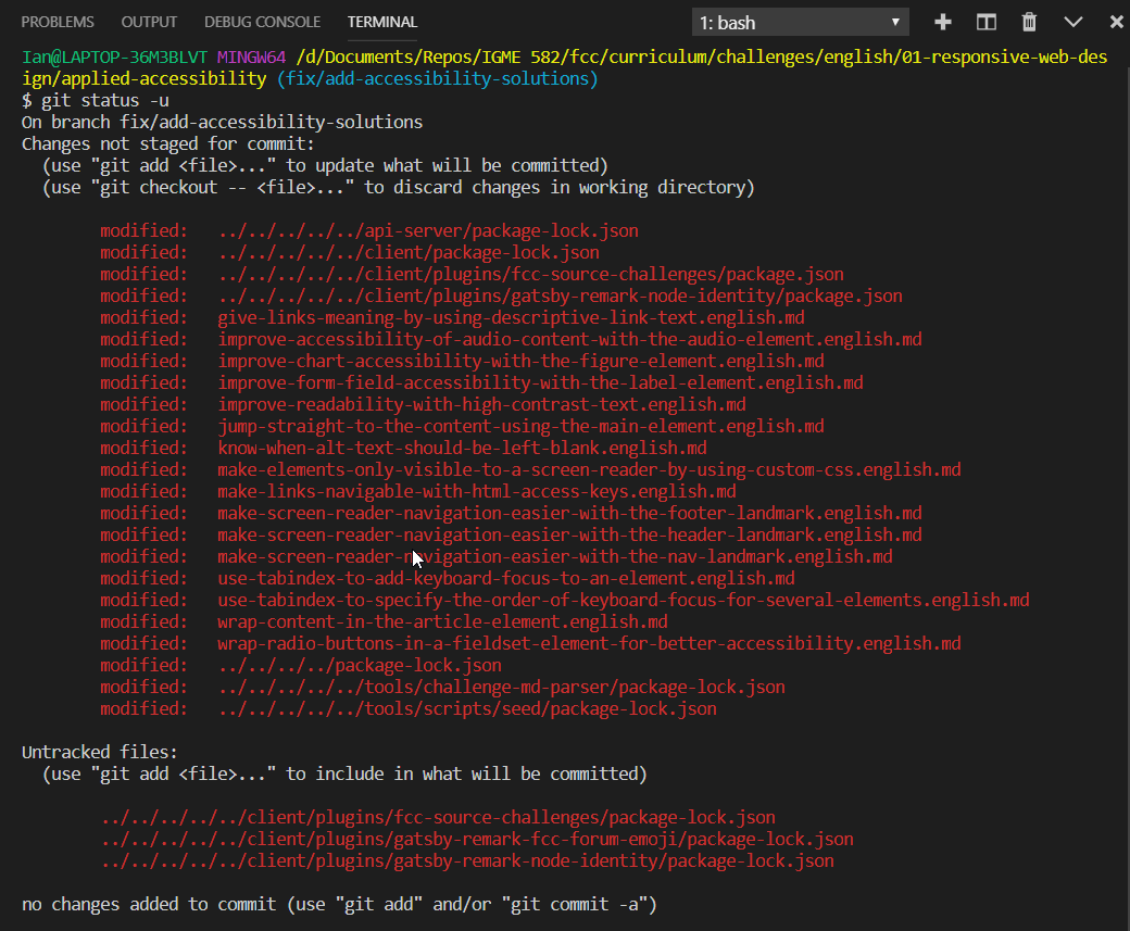 Screenshot of modified files since last commit.
