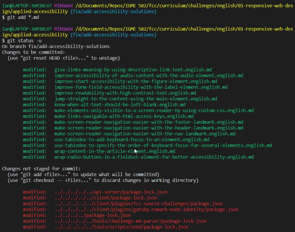 Screenshot of modified files added to the current commit.