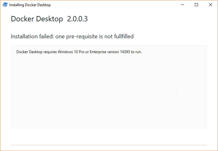 Screenshot of a failed Docker installer.