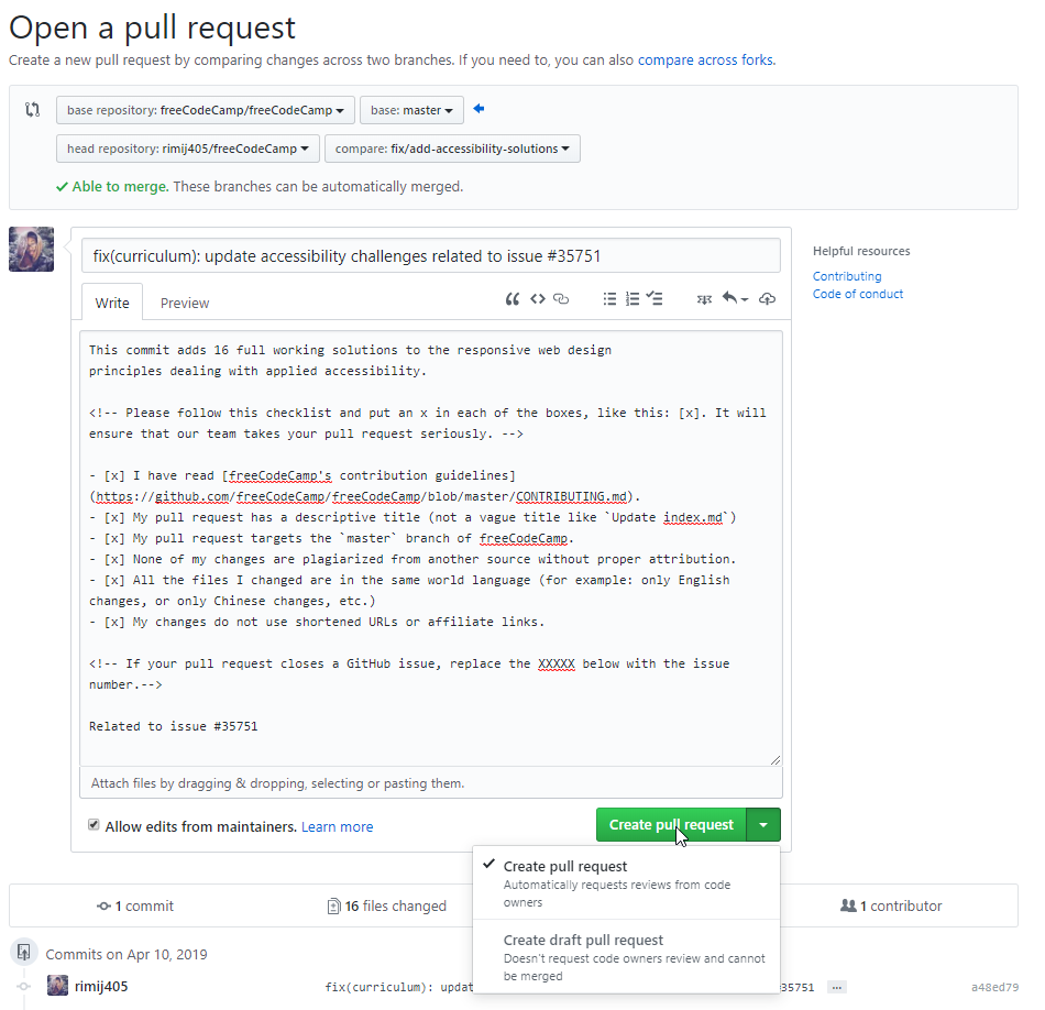 Screenshot of creating a pull request.