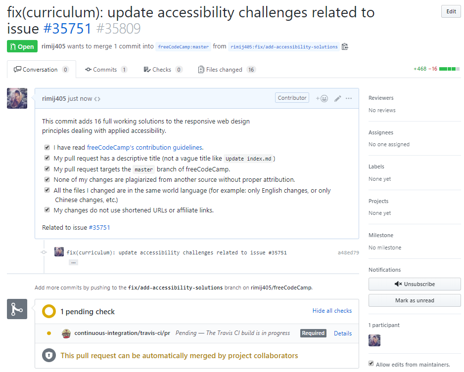 Screenshot of submitted pull request and pending Travis CI build results.